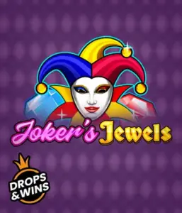 Enjoy the colorful world of Joker's Jewels slot by Pragmatic Play, featuring a mesmerizing joker's mask embellished with a multicolored jester hat. This graphic conveys the joyful spirit of casino gaming, set against a lavender background. Ideal for casino game enthusiasts, promising a entertaining adventure. 